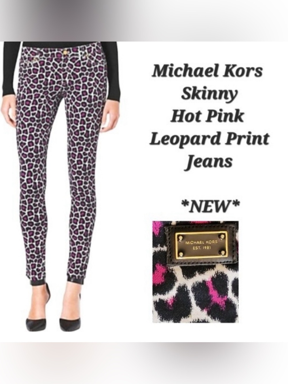 Michael Kors Hot Pink Black White Leopard Skinny Jeans Size 6